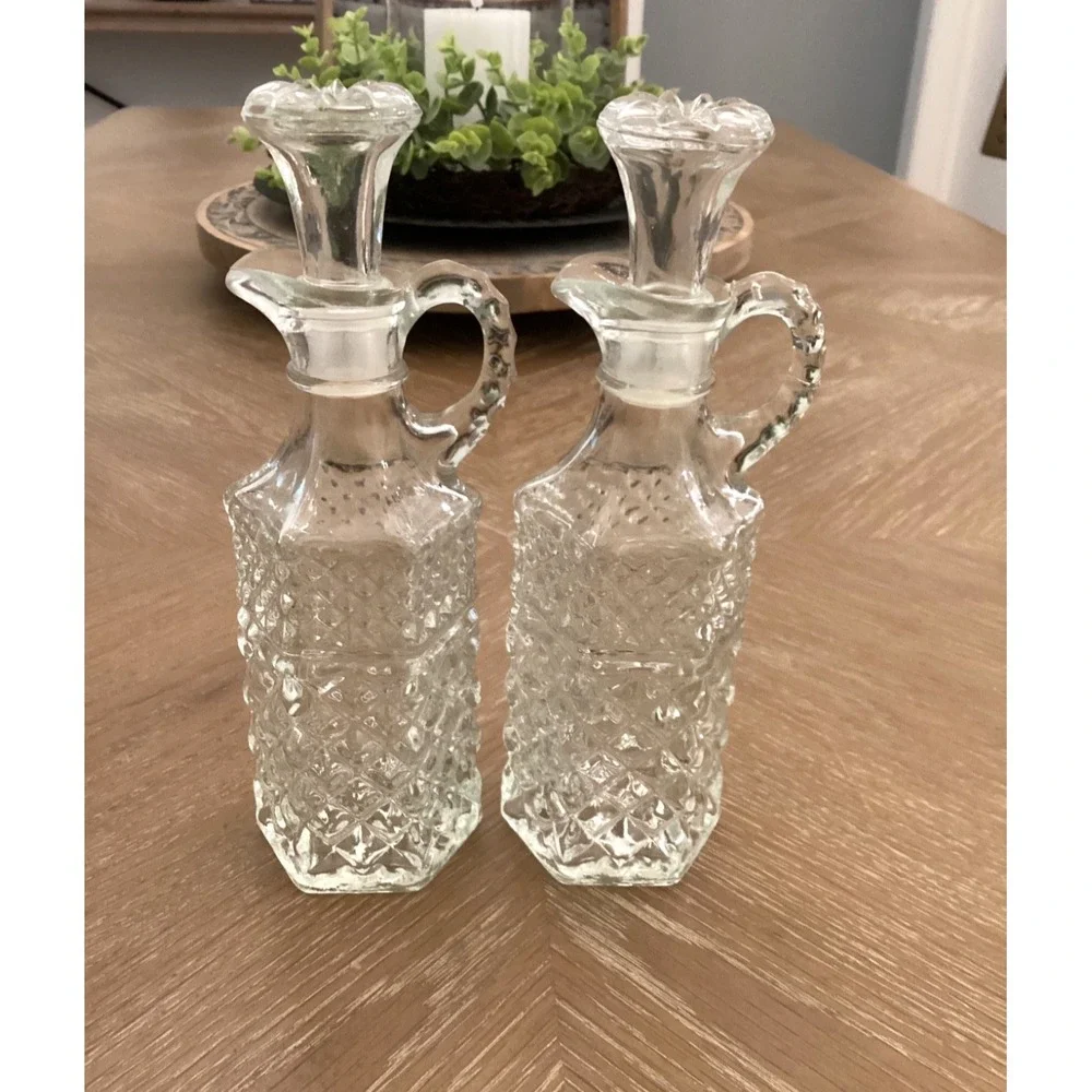 Vintage Anchor  Hocking Wexford Glass Cruets Oil And Vinegar Set of 2